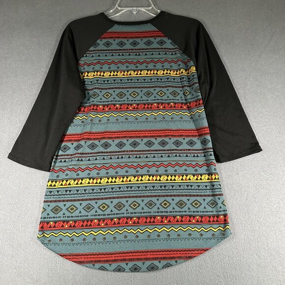 LuLaRoe Randy Shirt Womens Med Black Aztec Pattern 3/4 Sleeve Raglan Top Retro - Picture 9 of 9